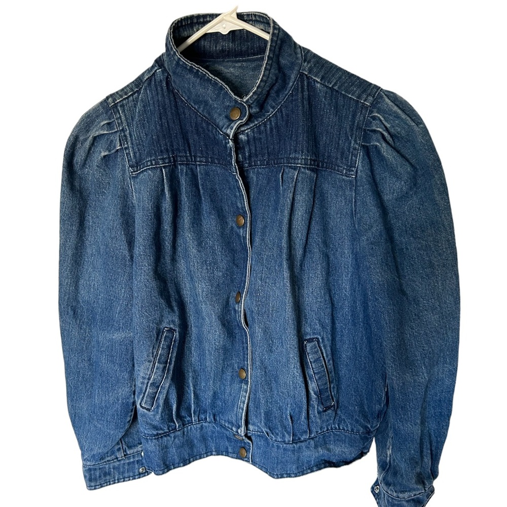Vintage 80s Streetwear Womens Puff Sleeve Snap Denim Jean Trucker Jacket